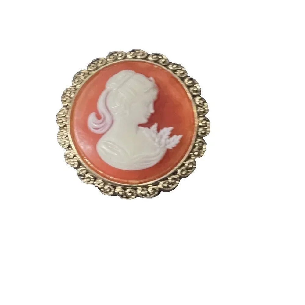 Vintage Cameo Costume Jewelry Scarf Clip Ivory Orange Goldtone W. Germany